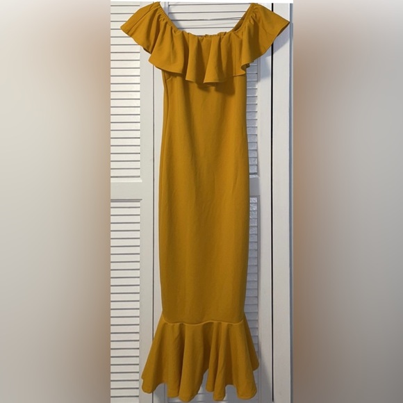 Very flattering Mustard Yellow Midi Dress with Beautiful Ruffles - Picture 5 of 6